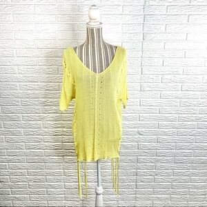 Main Street Sheer Yellow Open Knit Lace Up Top